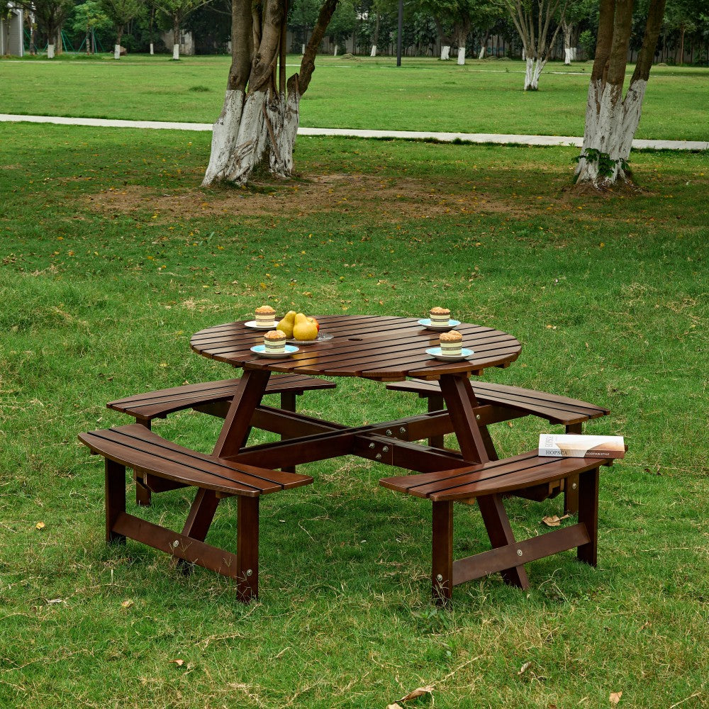Outdoor 8 Person Picnic Table, 8 person Round Picnic Table with 4 Built-in Benches, Umbrella Hole, Outside Table and Bench Set for Garden, Backyard, Porch, Patio,  Natural