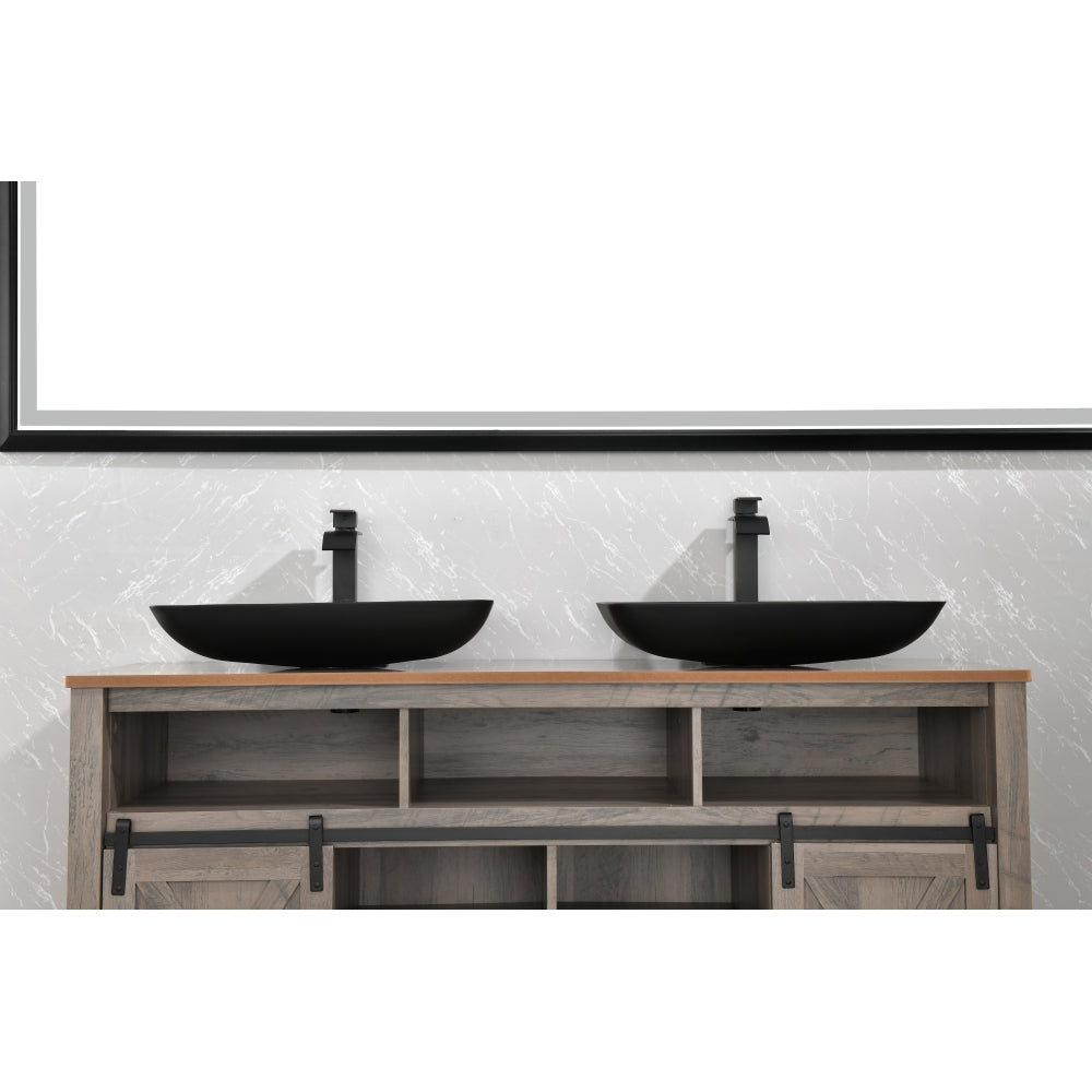 22" L -14" W - 4" H Matte Black Glass Rectangular Vessel Bathroom Sink with Faucet and Pop-Up Drain in Matte Black