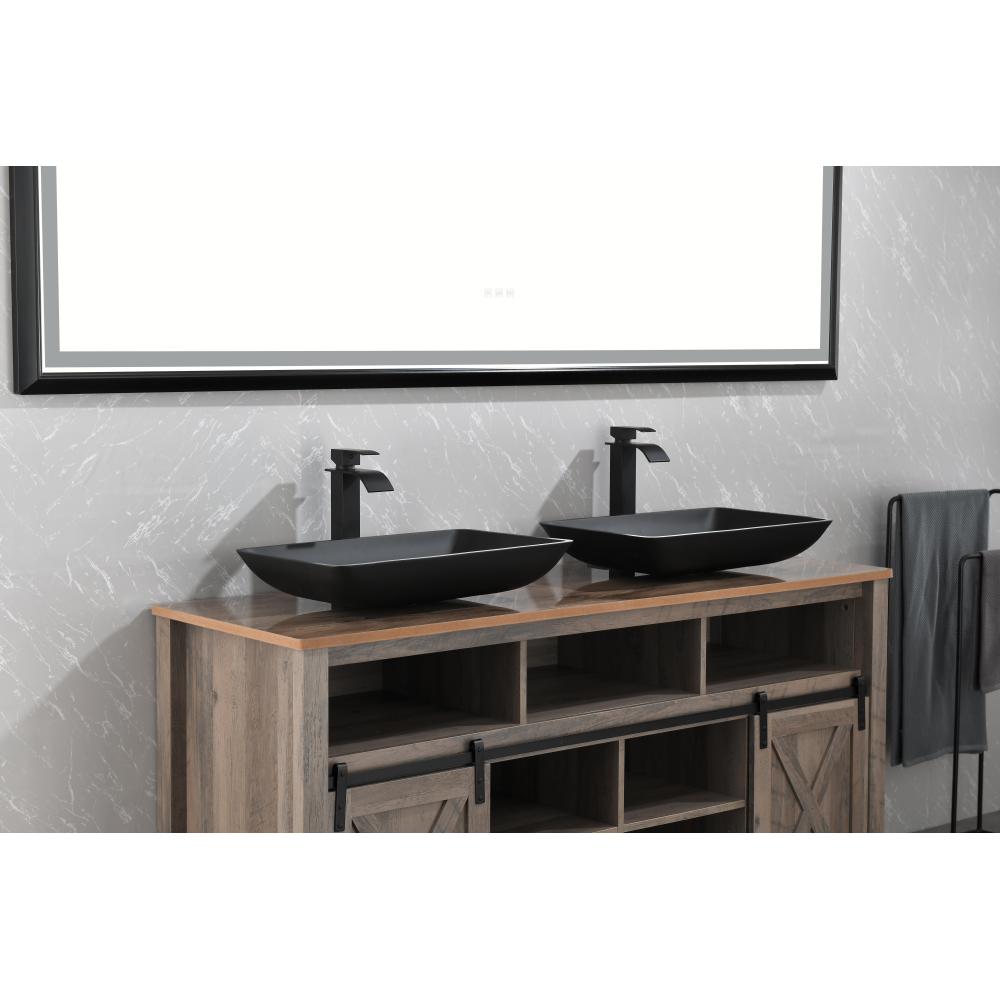 22" L -14" W - 4" H Matte Black Glass Rectangular Vessel Bathroom Sink with Faucet and Pop-Up Drain in Matte Black