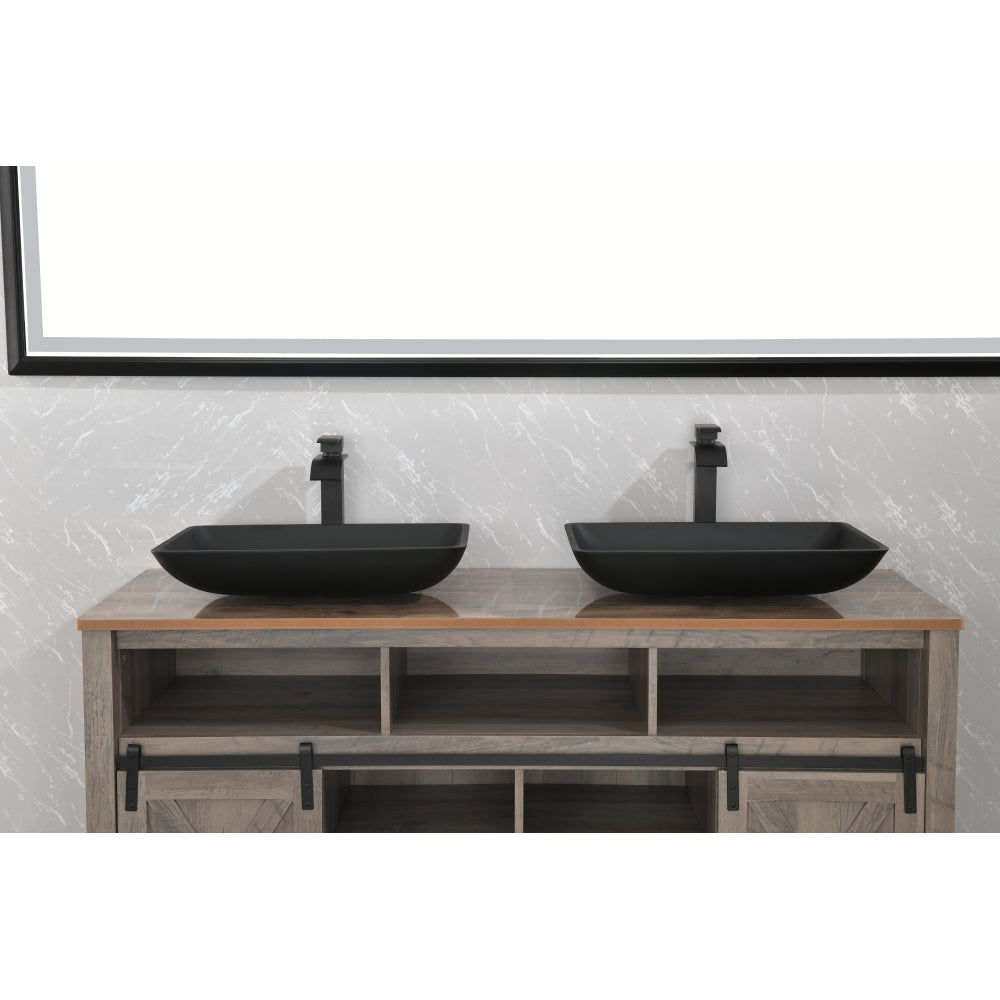 22" L -14" W - 4" H Matte Black Glass Rectangular Vessel Bathroom Sink with Faucet and Pop-Up Drain in Matte Black