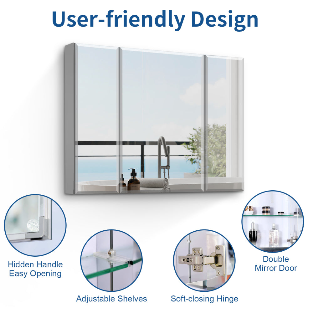 36x26 inch Aluminum Bathroom Medicine Cabinet Adjustable Glass Shelves Waterproof and Rust-Resist Recess or Surface Mount Installation
