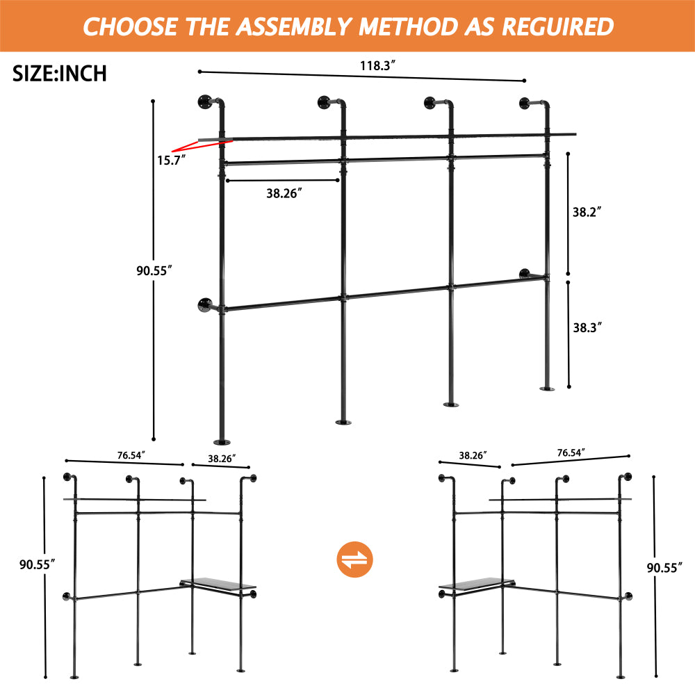 Industrial Pipe Clothing Rack, Reversible 118.3'' Clothes Rack for Hanging Clothes, Heavy Duty Garment Rack Closet Wardrobe Rack with LED Lights & Shelves, Walk-in Closet System, Black (Three)