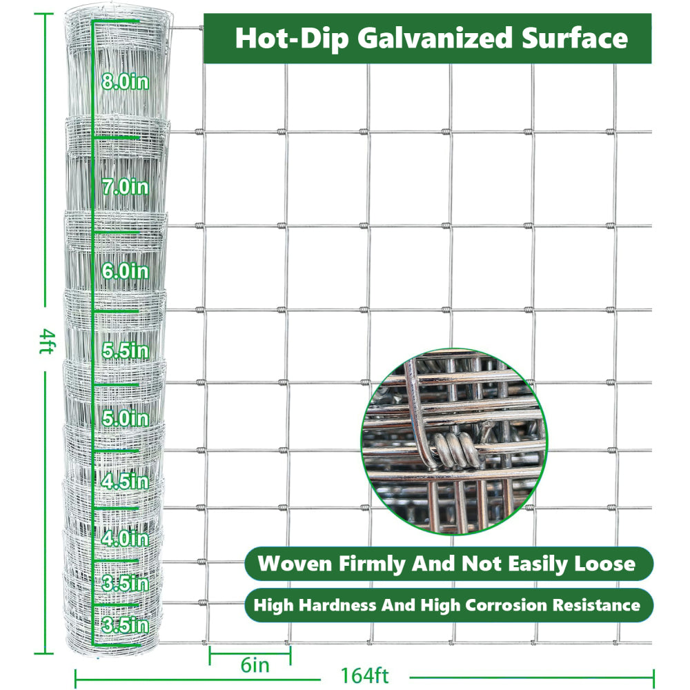 Farm Fence 4ft x 164ft 14Gauge Heavy Zinc Coating Cattle Fence,Galvanized Field Wire Fencing Deer Fence,Goat Fence,Hog Wire Fencing for Yard Livestock & Animals Protection