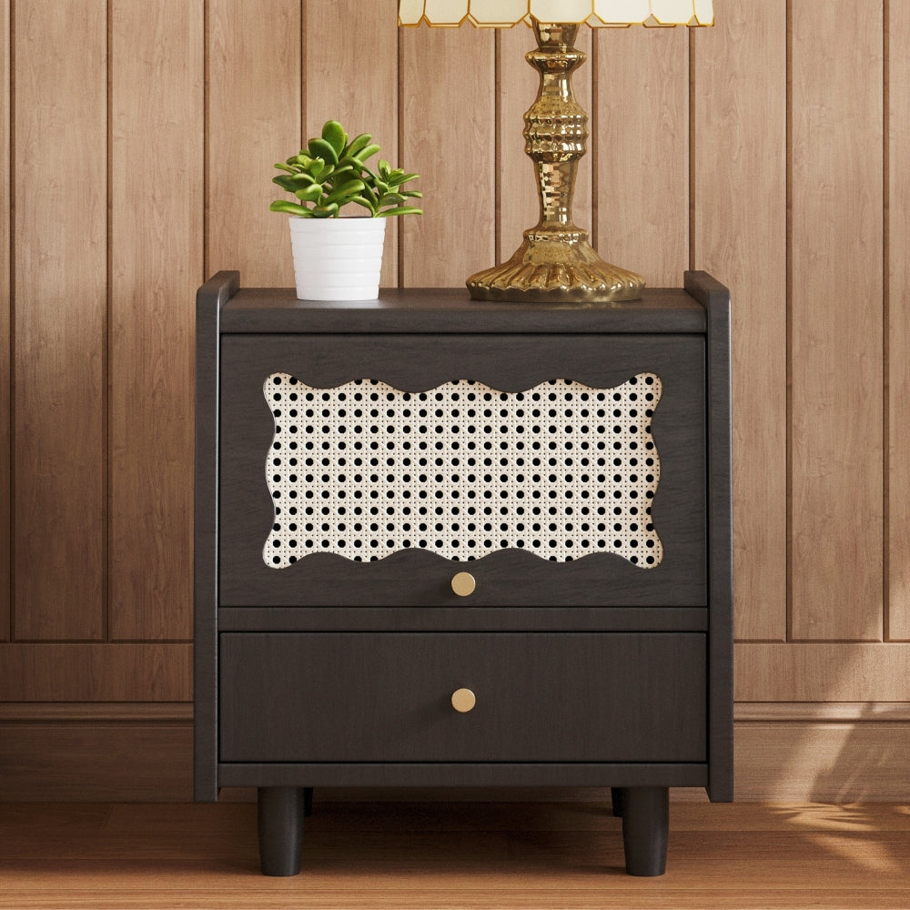 3 Pieces Bedroom Set with Queen Size Wooden Bed Frame, 1 Vintage  Nightstand and 1 Makeup Vanity Set with Stool,Black