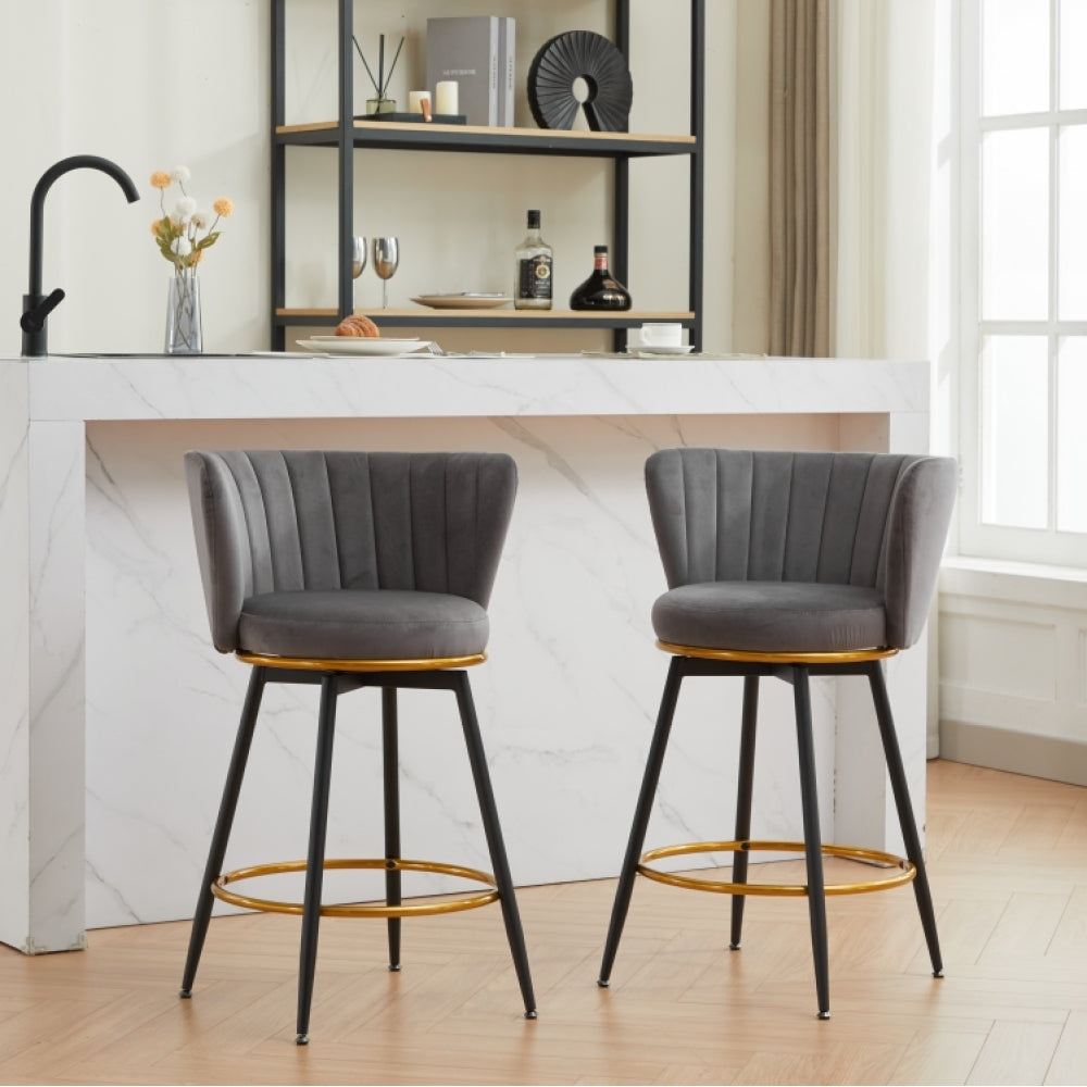 Counter Height Bar Stools Set of 2, 360° Swivel Upholstered Barstools with Backs and Metal Legs, 26" H Seat Height, Velvet Fabric,Goldy Footrest