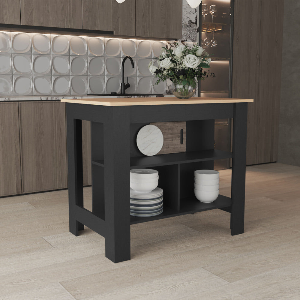 Kitchen Island, kitchen table 35" H, Four Legs, Three Open Storage Shelves, Black / Light Oak