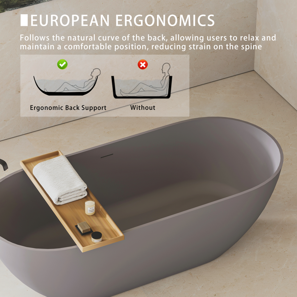 63" Luxury Engineered Solid Surface Bathtub, Stone Resin Freestanding Soaking Bathtub with Overflow and Pop-up Drain for Contemporary Bathroom, Matte Grey 23S03-63MG