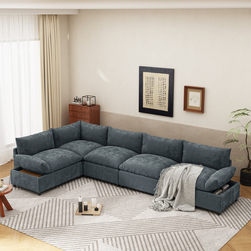 115.5" Modular Deep Gray Sectional Sofa with Durable Polyester Upholstery, Plush Cushions, Hidden Storage Compartments, and Versatile Design for Living Room, Lounge, or Office"