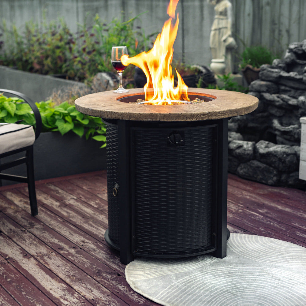 30" Propane Gas Fire Pit Table, 50000 BTU Round Steel Fire Pit with Imitation Wood Grain Finish for Outside Patio Deck Garden Backyard- Black