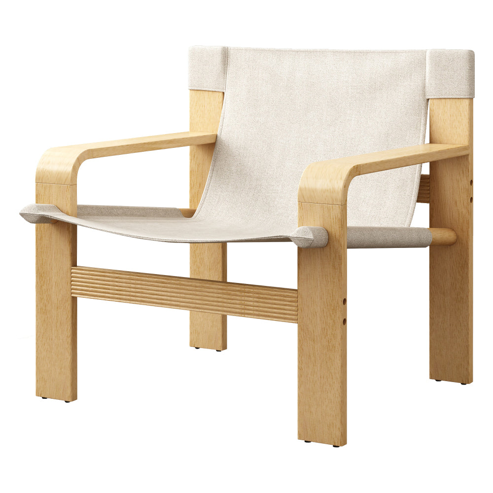 Detachable and washable Oak Accent Chair Wide Armrest Mid-Century Lounge Chair Linen Fabric Armchair & Solid Wood Frame for Living Room, Bedroom, Balcony, (White)