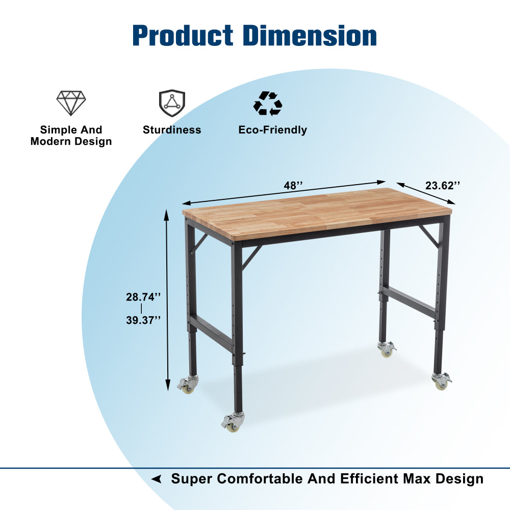 48" Heavy-Duty Adjustable Workbench for Garage, Rubber Wood shop table W/Metal Wheels, Hardwood Workstation Weight Capacity over 2000 Lbs with Wheels
