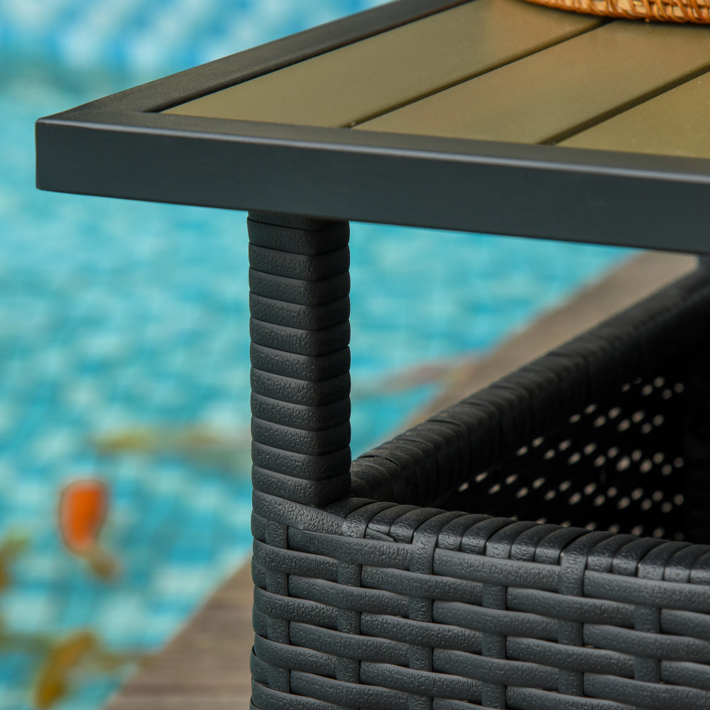 Outsunny 22'' Rattan Wicker Side Table with Steel Frame, Umbrella Insert Hole, Sand Bag for Outdoor, Patio, Garden, Backyard, Black & Tan