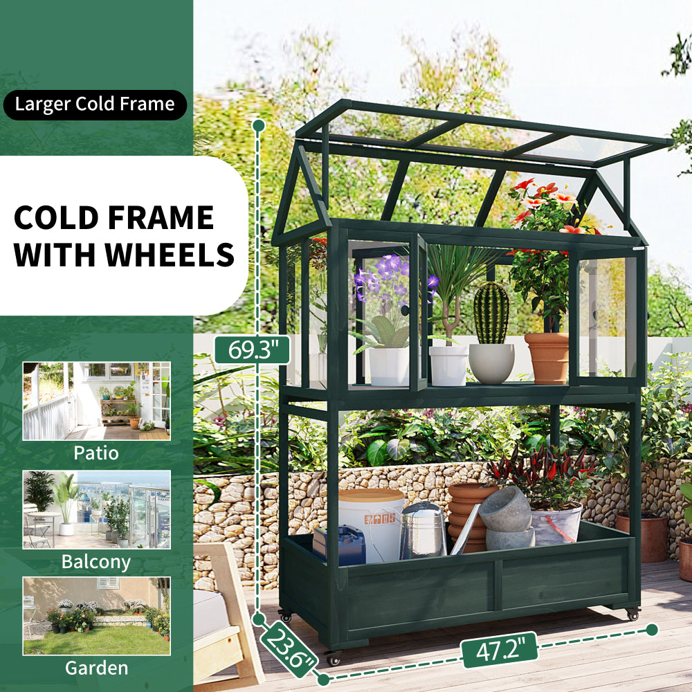 [Assembly Video Available] TOPMAX Garden Wood Portable Cold Frame with Movable Wheels Mini Greenhouse with Openable Roof and Storage Box, Forest Green