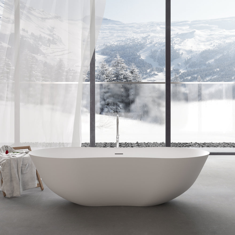 67" Freestanding Solid Surface Bathtub, Stone Resin Freestanding Bath Tub with Overflow and Pop-up Drain, Matte White 24S10-67MW
