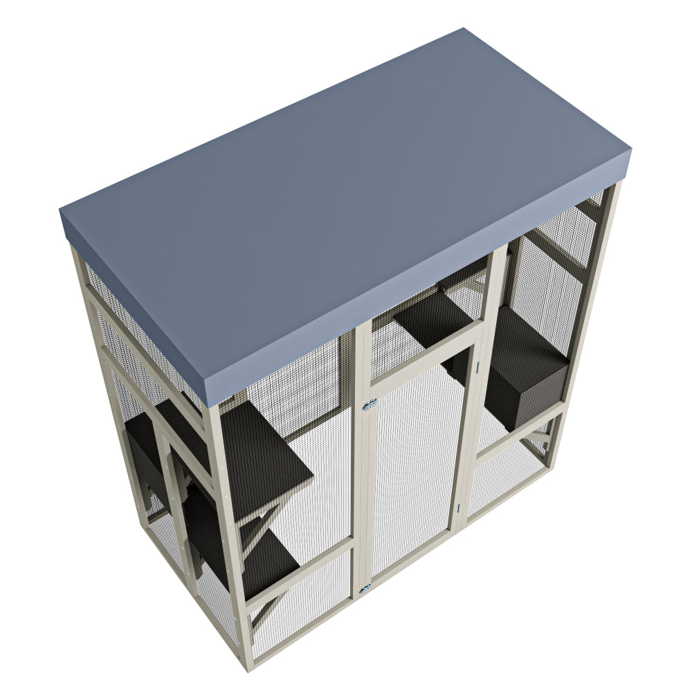 62.6" Outdoor Wooden Catio for Cats, Large Cat Enclosure with Waterproof Roof, 2 Cat Houses & Platforms, Secure Rust-Proof Wire Pet Cage for Patio or Backyard