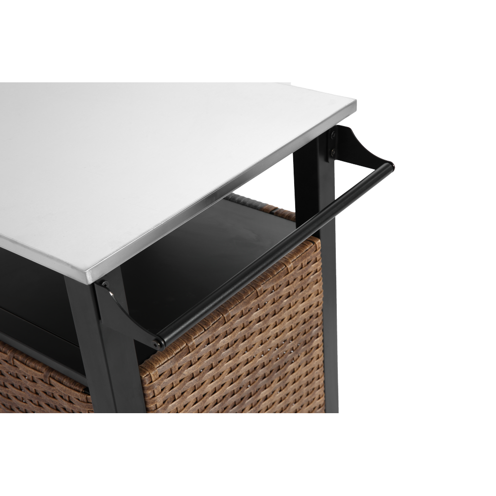 Single door bar cart,Outdoor Kitchen Wicker Island Rolling Cart & Storage Cabinet, Wheels and Stainless Steel Extended Table Top, Side Handle for Patio Kitchen or Bar Cart, Brown