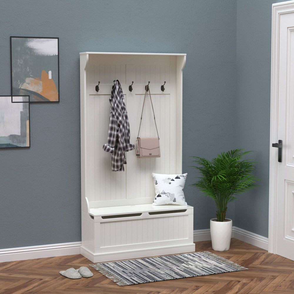 HOMCOM 38" 3-In-1 Entryway Hall Tree with Storage Bench, Coat Rack with Four Hooks and Shoe Storage, White