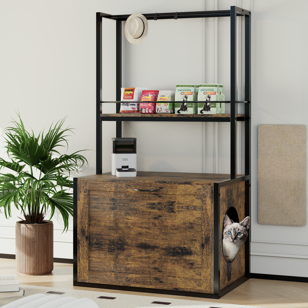 55"Refined Litter Box Enclosure with Storage Shelves and 2 Hanging Clothes Rack, 4-in-1 Hidden Cat Litter Box Enclosure Furniture with Shelf, Reversible Entrance,Rustic Brown