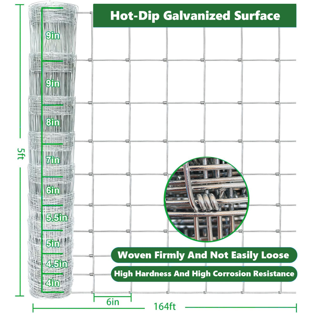 Farm Fence 5ft x 164ft 14Gauge Heavy Zinc Coating Cattle Fence,Galvanized Field Wire Fencing Deer Fence,Goat Fence,Hog Wire Fencing for Yard Livestock & Animals Protection