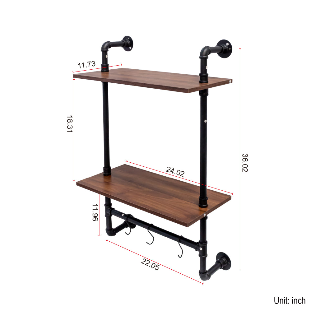 Industrial Pipe Shelf 3 Tier and 2 Tier Wall Mounted Shelves  36in Wood Display Shelves, and 3 additional hooks,Farmhouse Kitchen Bar Shelf, DIY Bookshelf Unit Hanging Wall Shelves for Bedroom...