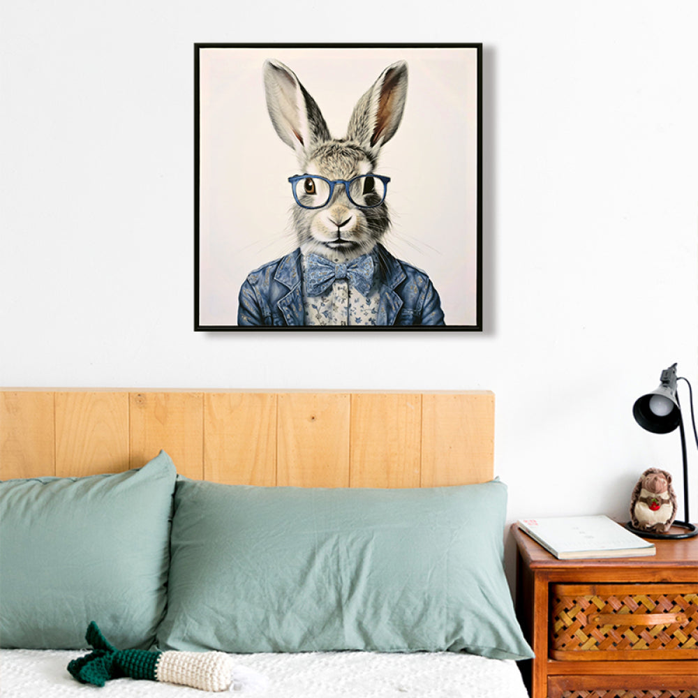 Gallery Wrapped Canvas Wall Art - Dapper Bunny in Tailored Cobalt Blue Suit, Modern Animal Portrait Framed Print for Lounge/Office Decor decorative picture painting