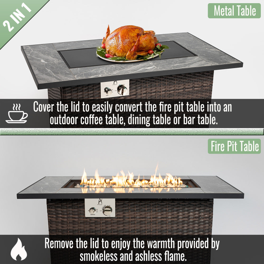 44" Propane Gas Fire Pit Table, 50000 BTU Rectangular Fire Pit, Tile Tabletop with Beautiful Wicker Base for Outside Patio Deck Garden Courtyard-Brown