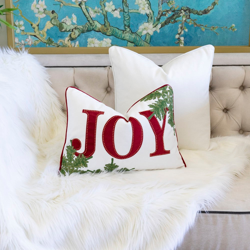 JOY Embroidered Christmas Throw Pillow – 14x20" Velvet Lumbar Cushion in Red and White with Green Holiday Accents