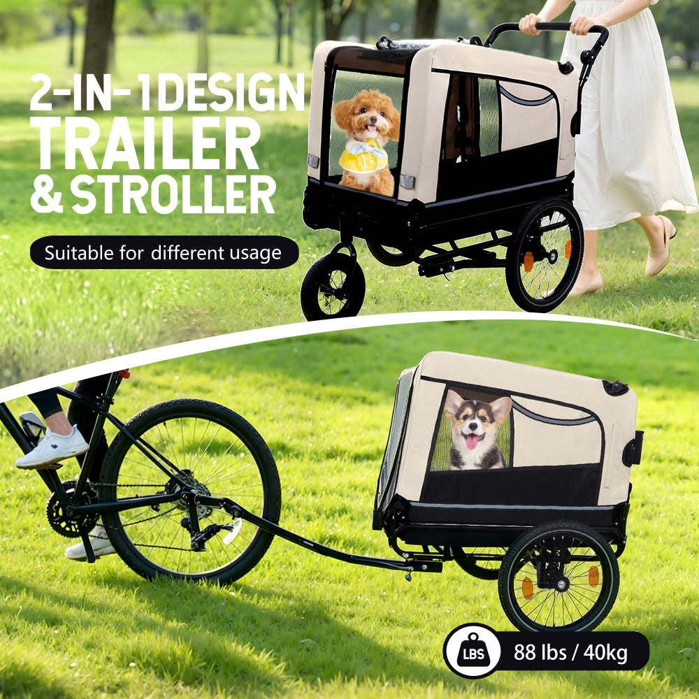 2-in-1 Bike Trailer & Push Cart for Pets - Detachable Bike Hitch & Push Handle Included - All-Terrain Wheels, Quick Release Wheel, Non-Slip Floor, Internal Leash, Holds  Up to 88 lbs, Black- Beige