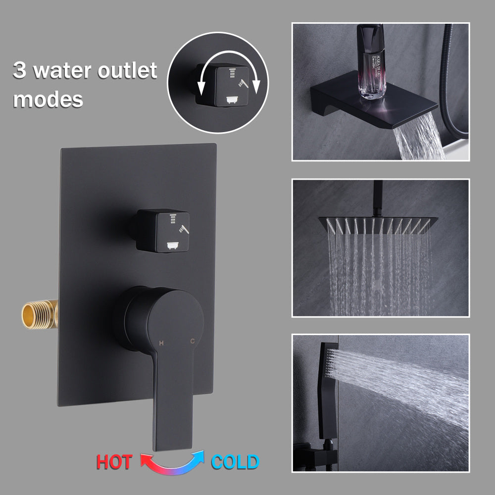 Shower Faucet Set, Shower System Bathroom High Pressure 12 Inches Rainfall Shower Head with Handheld Spray, Wall Mounted Shower Fixtures with Shower Valve and Trim Kit, Matte Black