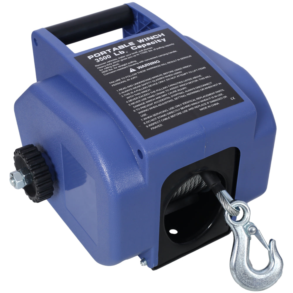 12v 3500lbs Trailer Winch,Reversible Electric Winch, for Boats up to 6000 lbs.Galvanized Wire Rope,with extra pulley hook,power in and power out,with manual function.blue plastic casing