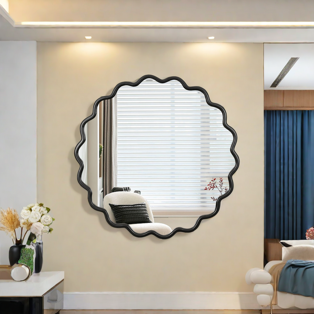 Solid Wood Wavy Mirror-Black Vanity Mirror Wall Decor 42" x 42" Modern Mirror Wall Decor for Bathroom, Bedroom, Living Room, Dining Room, Cloakroom, Entryway