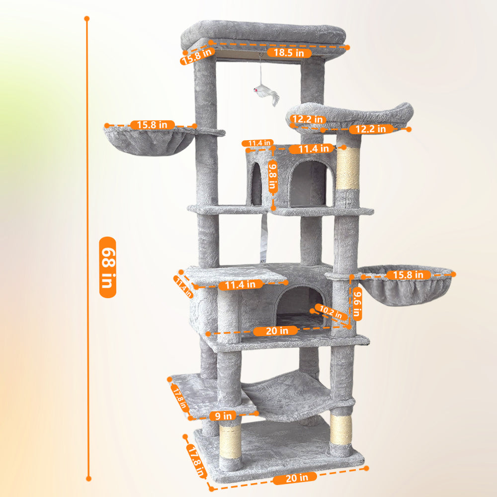 68 Inches Multi-Level Large and Tall Cat Tree gray