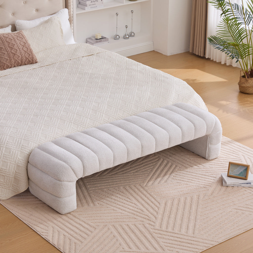 69.7"Wide Modern Upholstered Armless Bed Bench, Channel Tufted Couch Daybed Chaise, Chenille Ottoman Foot Stool for Living Room and Bedroom, Entryway, Ivory