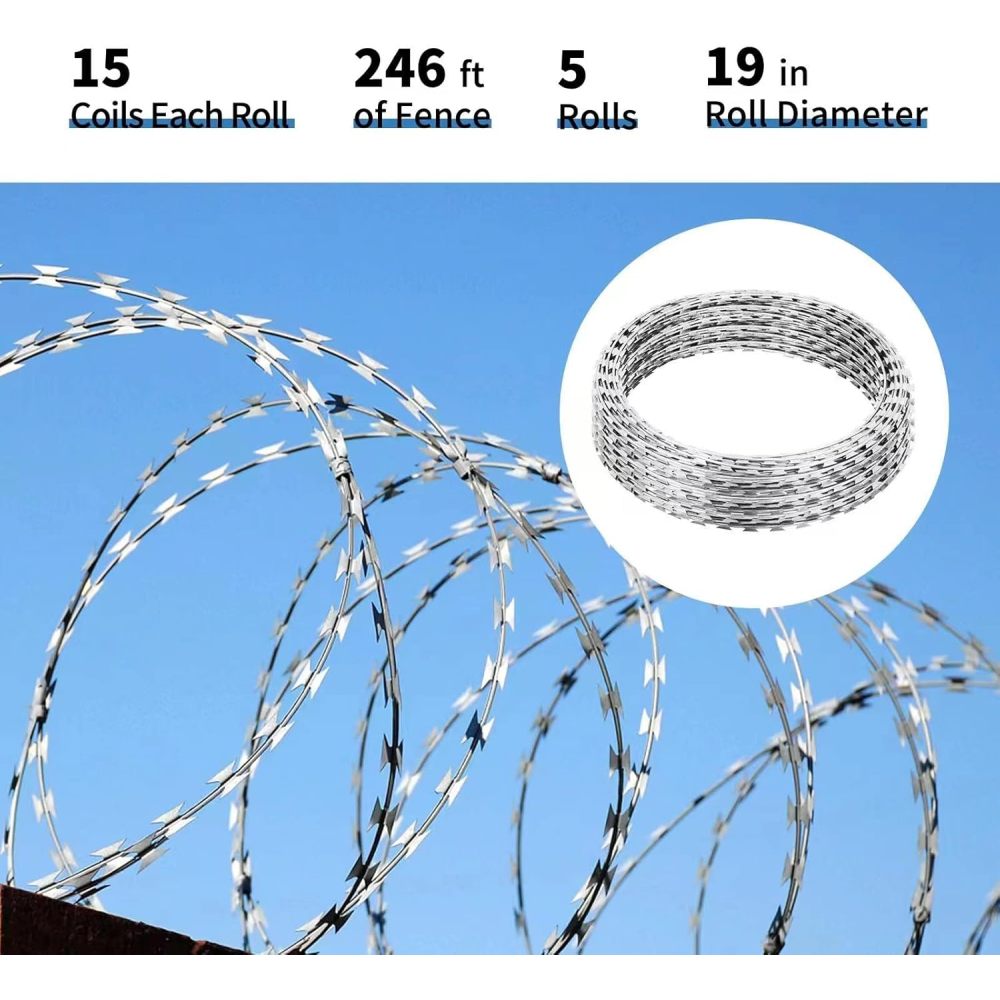 Razor Wires Razor Barbed Wire 246ft,5 Coils 49 ft Razor Wire Fencing Razor Fence Non-Rusting Razor Ribbon Barbed Wire Razor Wire Fence Rolls Razor Useful Protection for Garden