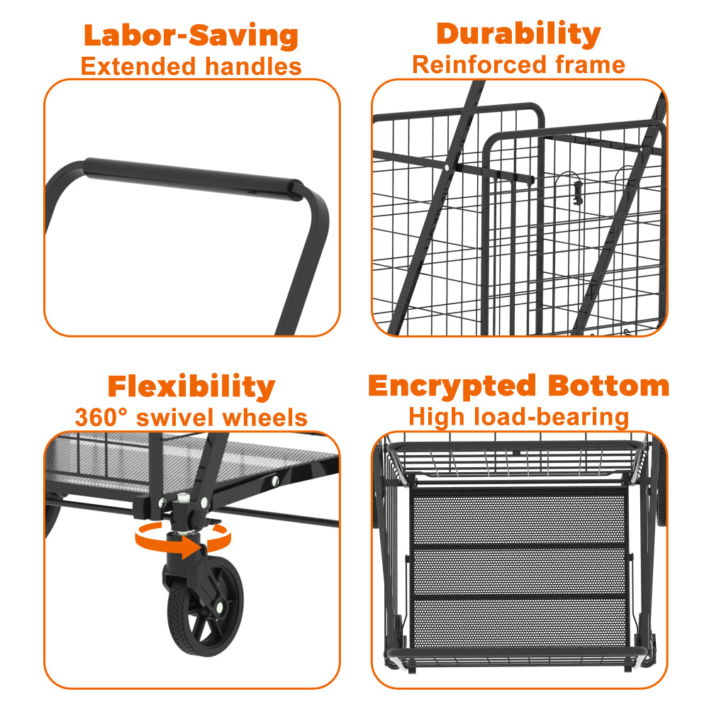 Extra Large Shopping Cart,Grocery Cart on Wheels, Foldable Utility Shopping Carts with Double Basket and 360° Rolling Swivel Wheels for Groceries Laundry