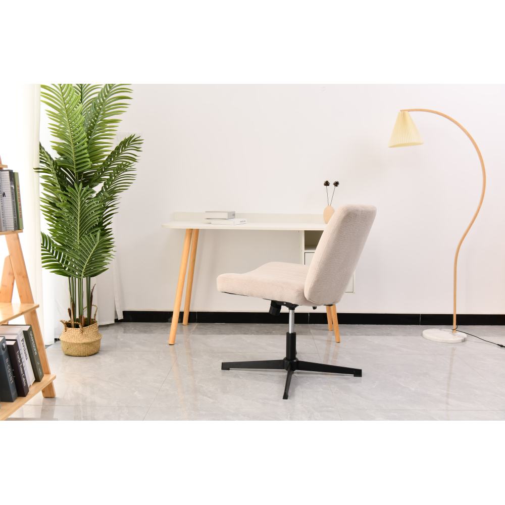 Cross Legged Office Chair, Wide Comfty Desk Chair, Fabric Vanity Home Chair No Wheels Armless Computer Task Chair, Swivel and Height Adjustable