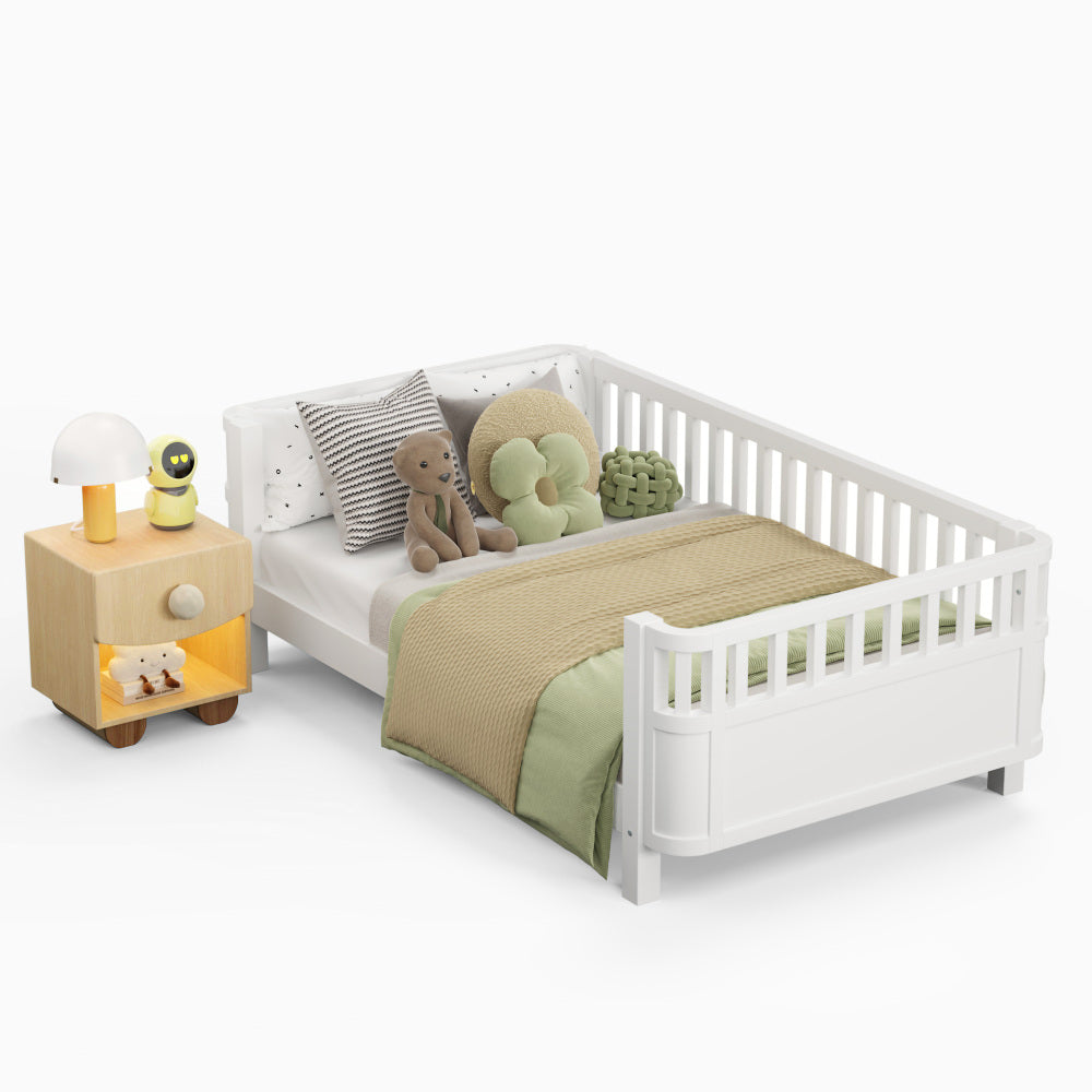 Twin Size Wood Platform Bed for Kids, Wood Low Profile Twin Bed with Rails for Girls and Boys, White (Patented Design)