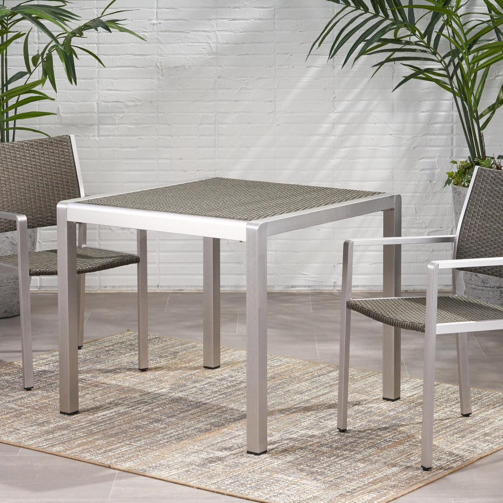 Outdoor Dining Table - Anodized Aluminum - Wicker Table Top - Square - Silver and Gray - 35"
