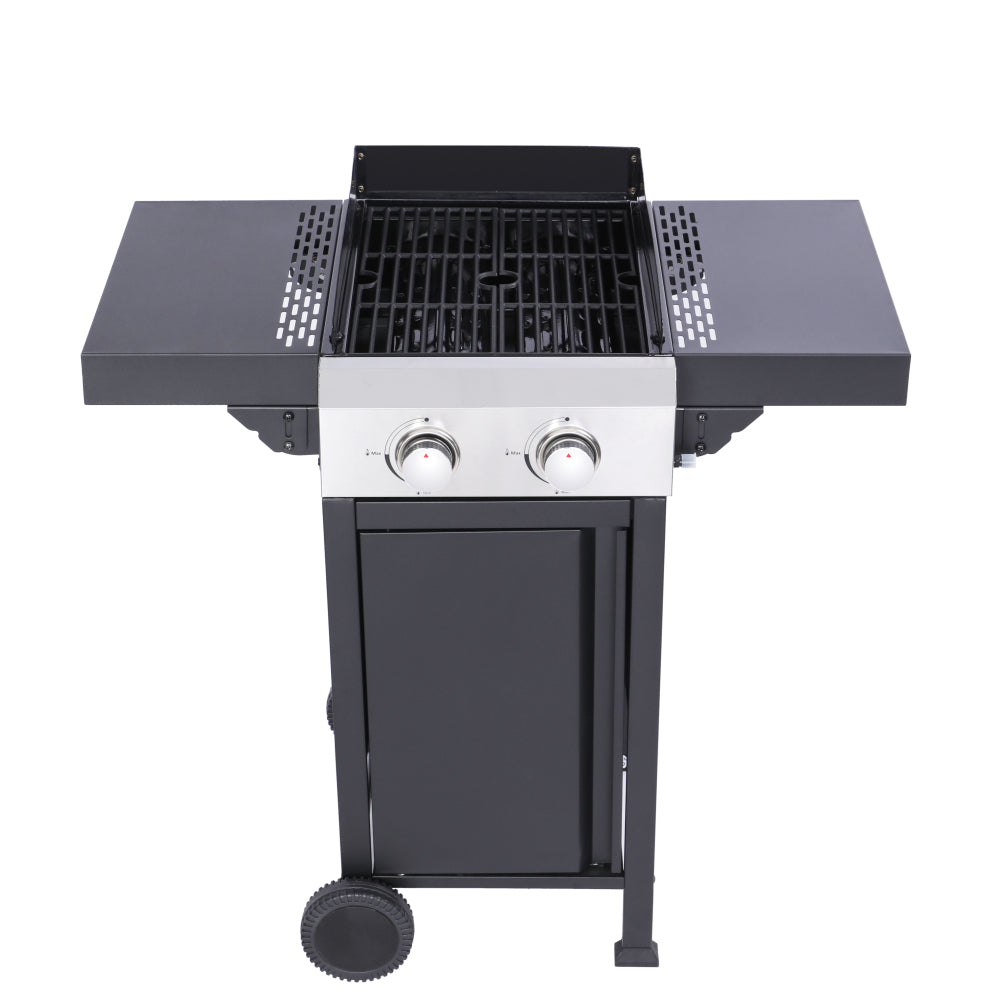 2-Burner Propane Gas BBQ Grill, Pizza Box, 24600BTU Output With Wire Enamel Cooking Grids For Outdoor Barbecue, Foldable Side Table, Hanging Basket, Stainless Steel