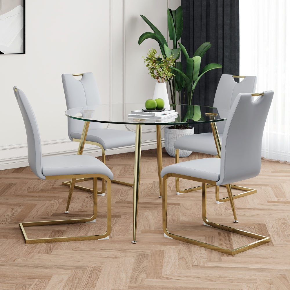 Modern simple round glass dining table, wear-resistant tempered glass countertop, gold-plated legs, grey PU dining chair set, suitable for restaurant kitchen use (set of 5)