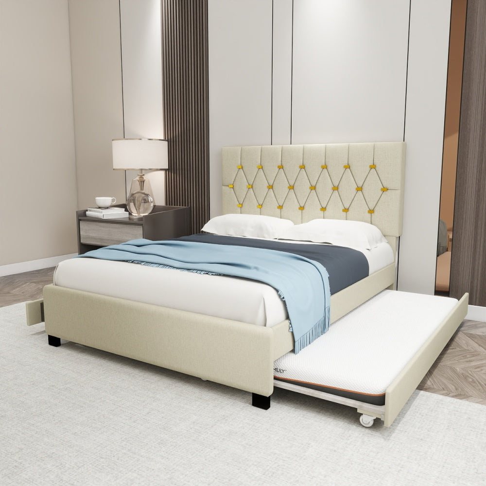 BEIGE QUEEN SIZE TRUNDLE PULL OUT DRAWERS STORAGE UPHOLSTERED BED MODERN DESIGN NO BOX SPRING REQUIRED