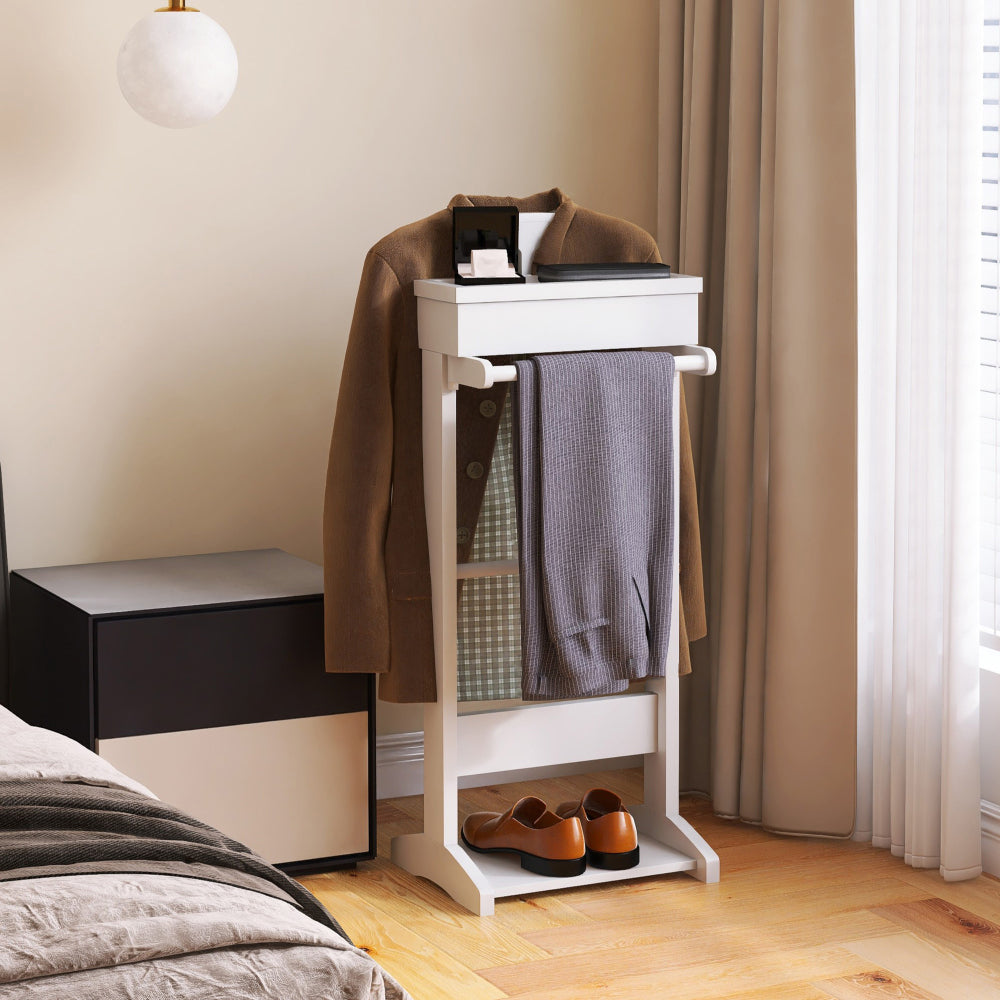 White Portable Garment Rack,Clothes Valet Stand with Storage Organizer