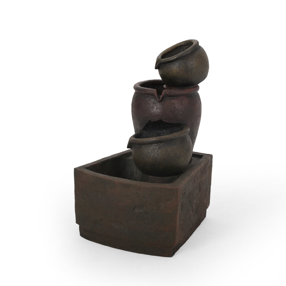 30.75" High 3-Tier Outdoor Fountain, Weather Resistant Floor Fountain with Light, Rustic Light Brown
