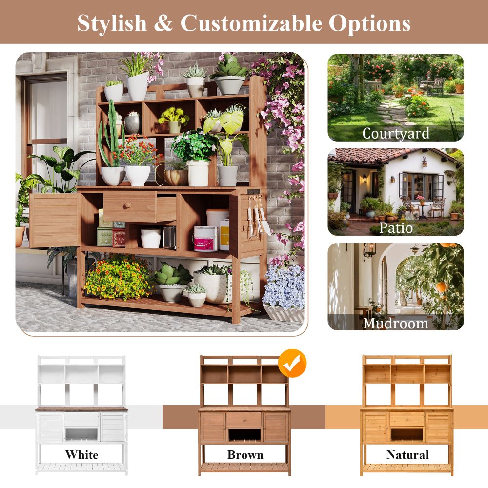 [Assembly Video Available] Topmax Solid Fir Wood Potting Bench Garden Workstation with Hutch, Drawer & Adjustable Shelves, 50.2x19.7x66.1 Inch Outdoor Garden Work Table for Backyard Planting,Brown