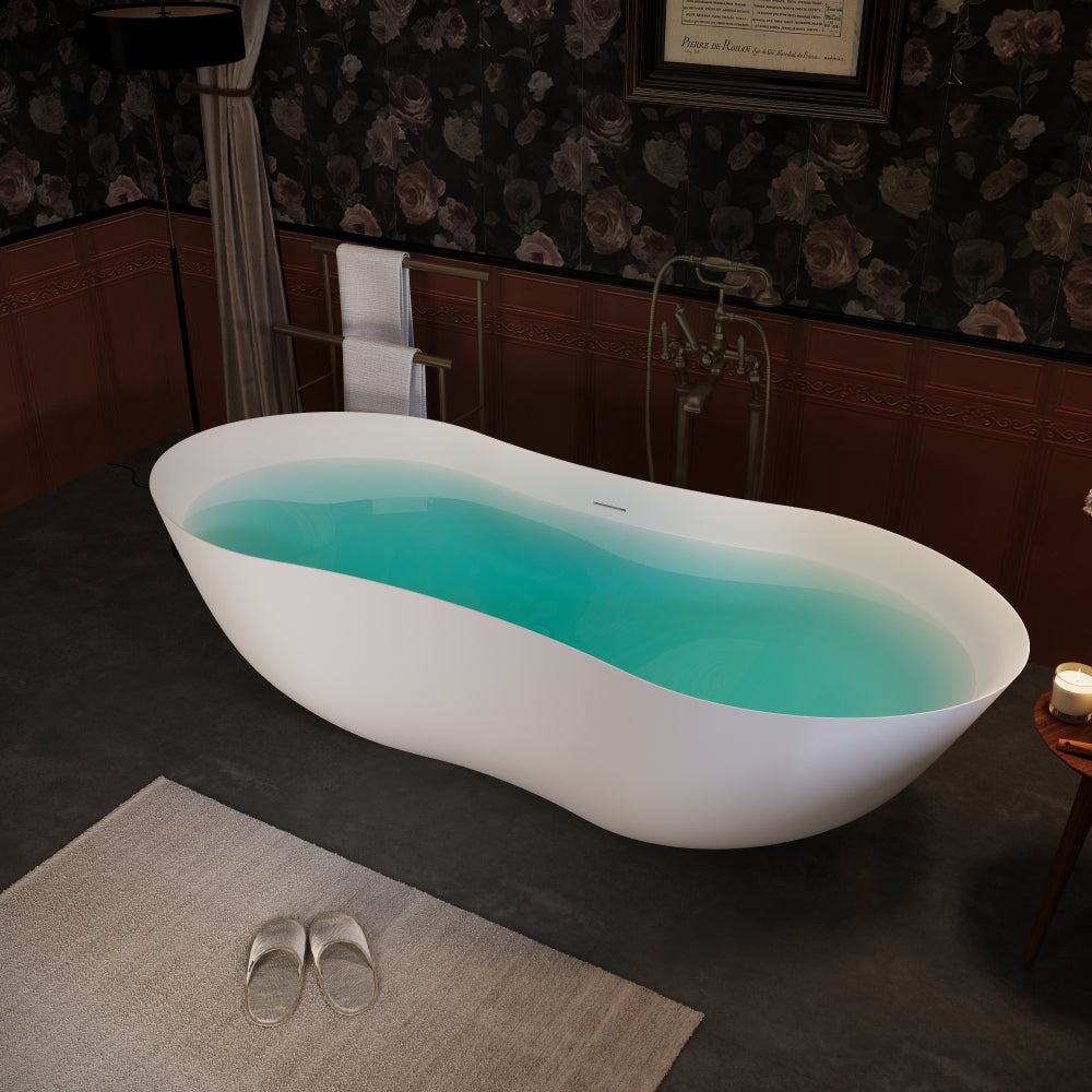 67" Freestanding Solid Surface Bathtub, Stone Resin Freestanding Bath Tub with Overflow and Pop-up Drain, Matte White 24S10-67MW
