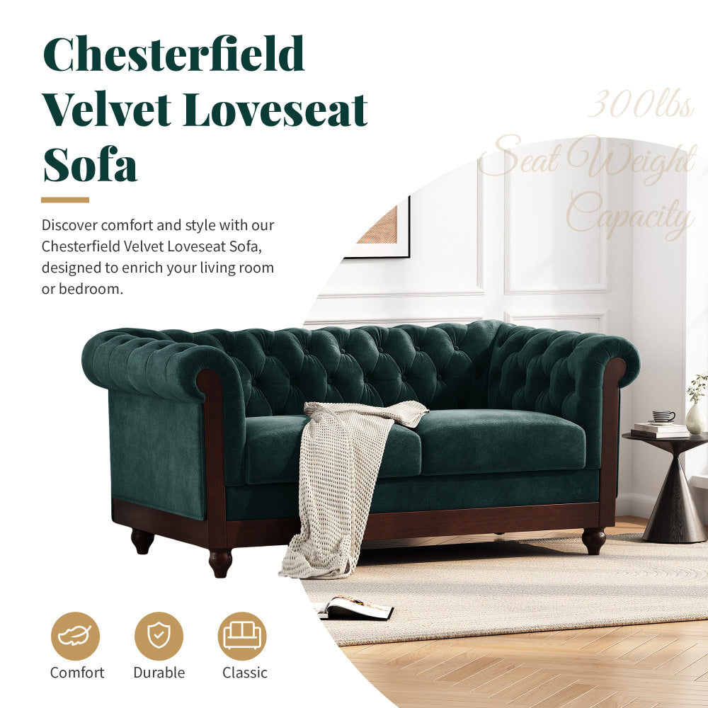 VIVALUX 59.44" Chesterfield Velvet Loveseat Sofa,2-Person Rolled Arm Dutch Plush Upholstered Sofa Couch with Tufted Button for Living Room, Bedroom, Small Places,Forest Green