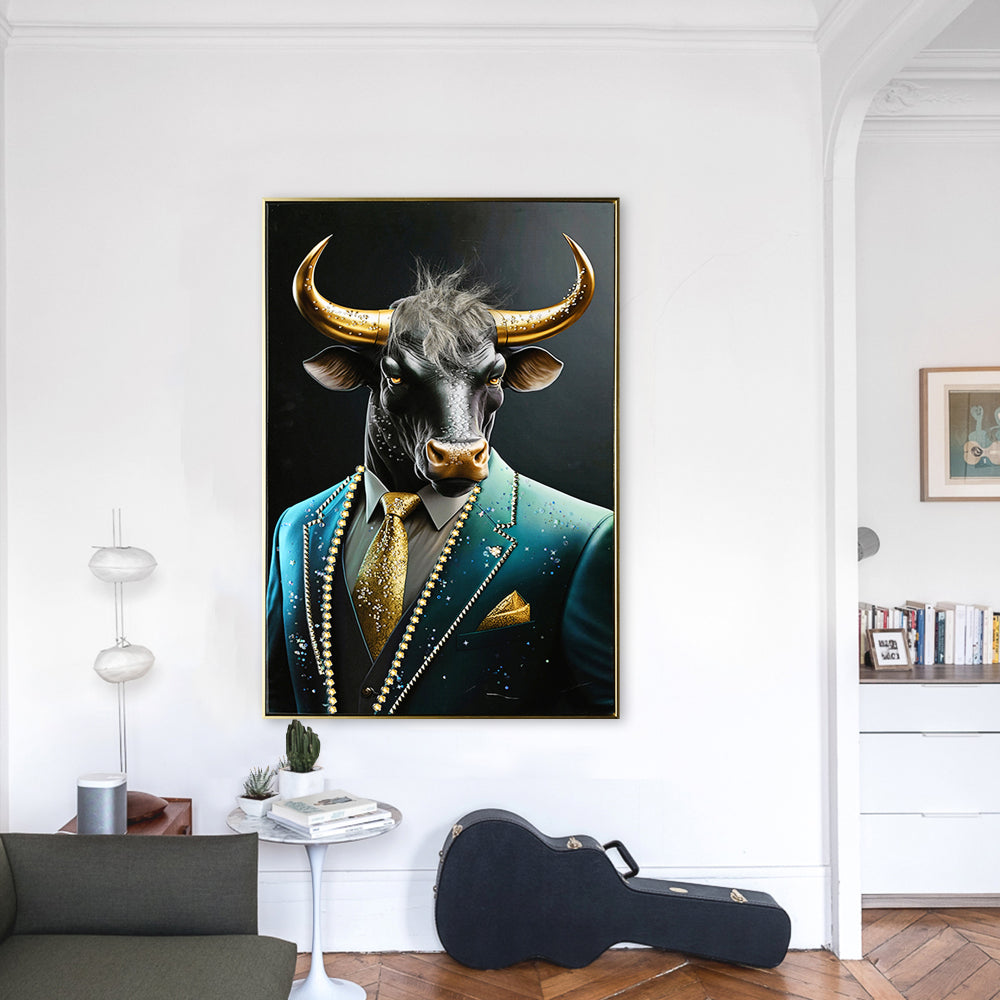 Executive Blue Buffalo Canvas Wall Art - Dapper Animal Portrait in Tailored Suit Modern British Humour Home Decor Premium Gallery Wrapped Artwork for Office Lounge Study Room decorative picture