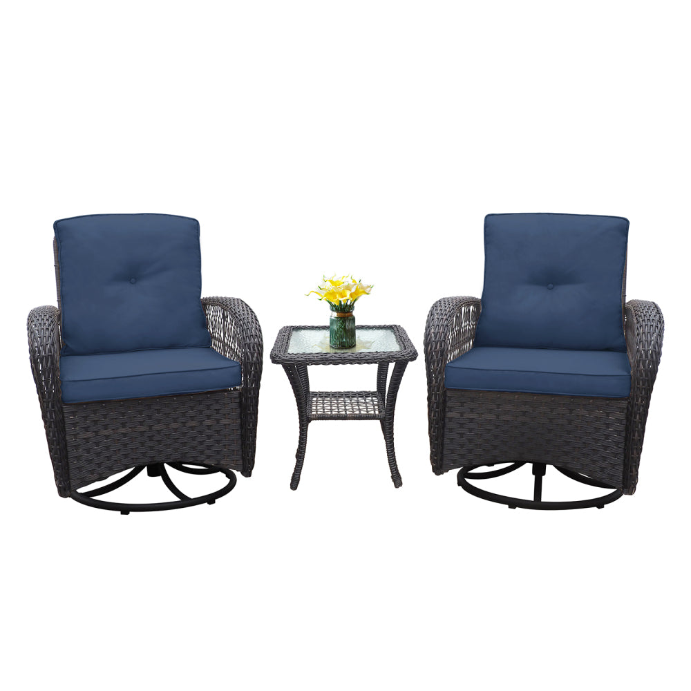 3 Pieces Conversation Set, Outdoor Wicker Rocker Swivel Patio Bistro Set, Rocking Chair with Glass Top Side Table,Khaki