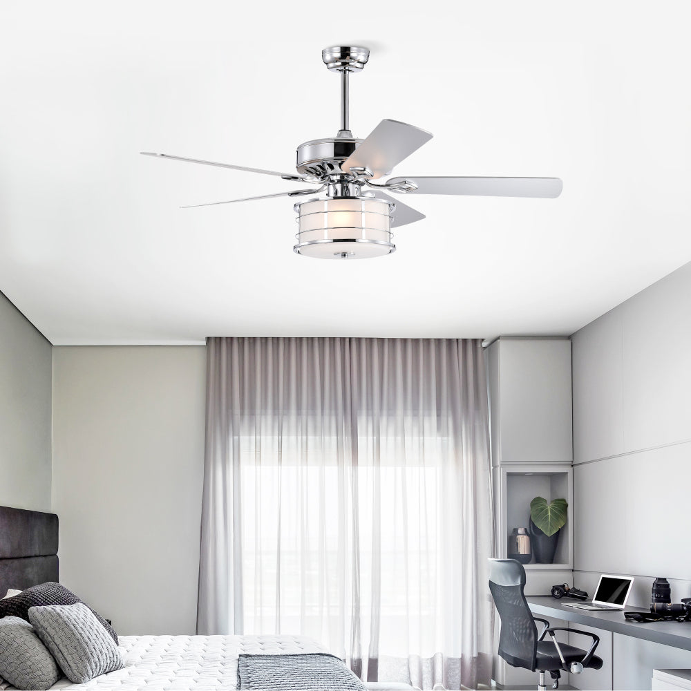 52" 3-Light Chrome Drum Shade LED Ceiling Fan + Remote, Traditional Farmhouse Rustic Industrial Bohemian Country Cottage Transitional Glam for Home, Kitchen, Living Room