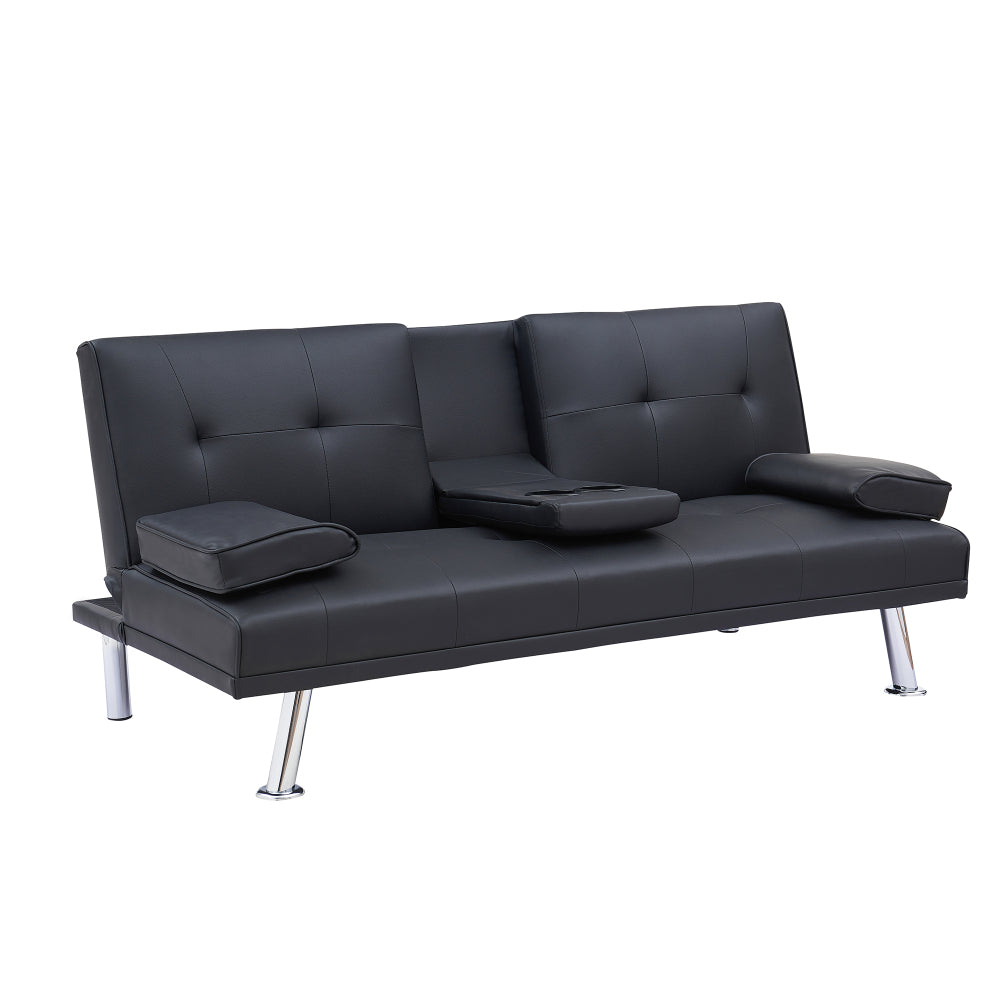Black Leather Office Double Folding Sofa Bed with Matching Coffee Table, Multifunctional Design